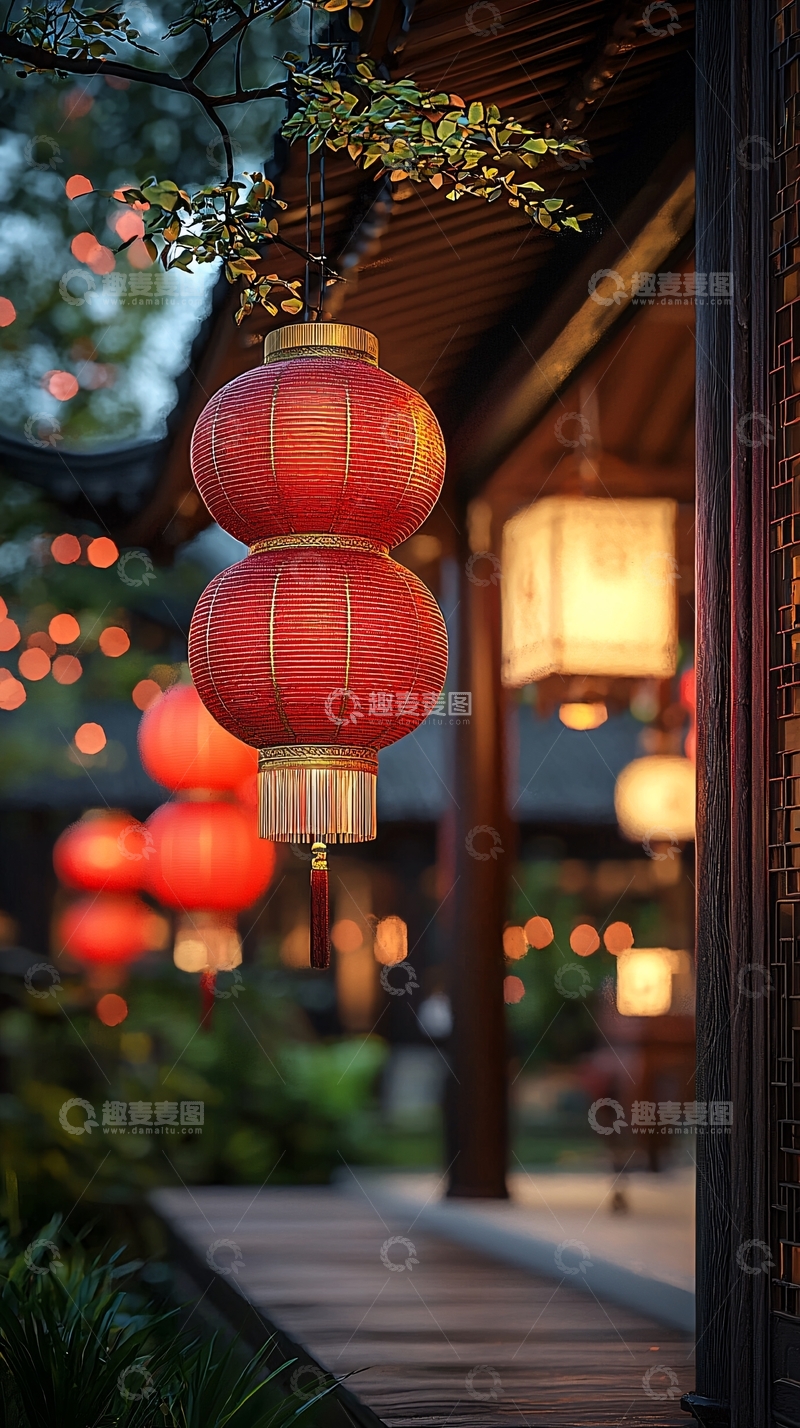 高清大图下载【趣麦麦图】红灯笼下的中式庭院