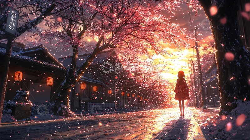 高清大图下载【趣麦麦图】冬日落日下的樱花街景