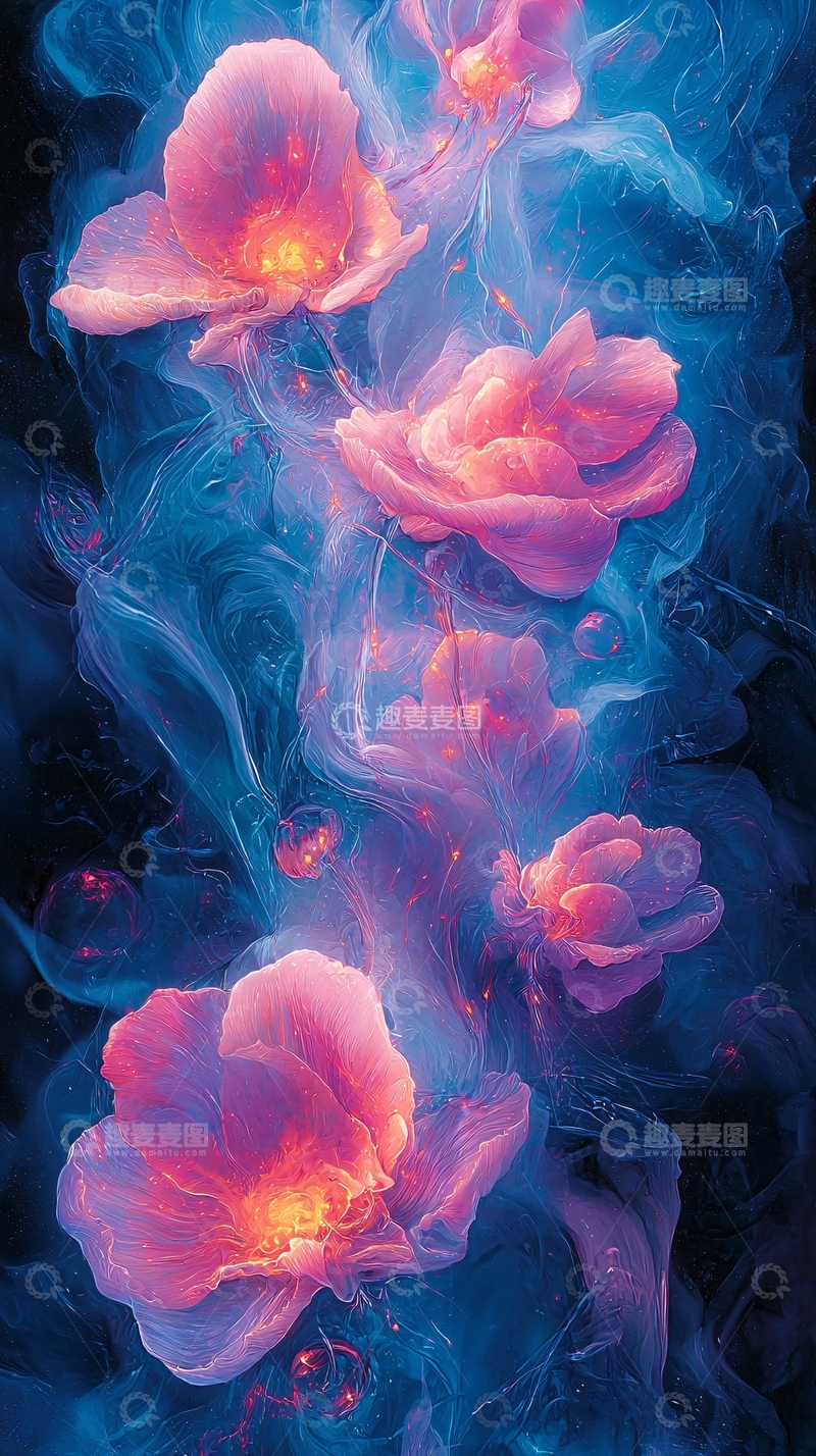 高清大图下载【趣麦麦图】粉色花朵蓝色烟雾梦幻