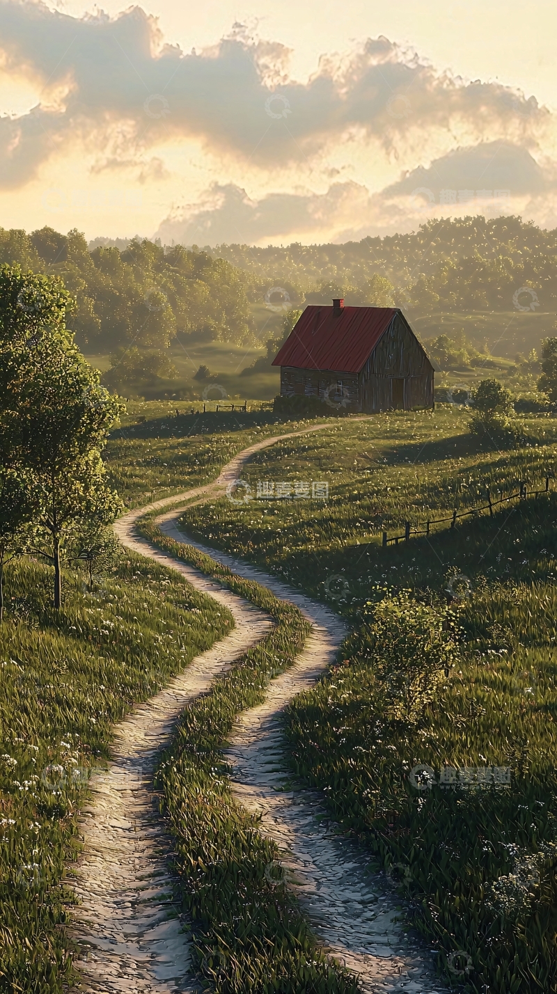 高清大图下载【趣麦麦图】乡间小路旁的红色屋顶小屋