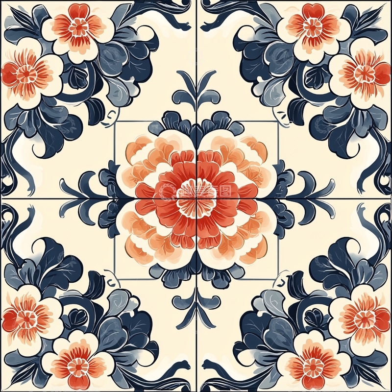 高清大图下载【趣麦麦图】青花瓷风格花卉瓷砖