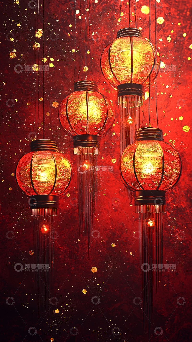 高清大图下载【趣麦麦图】红色灯笼金粉背景