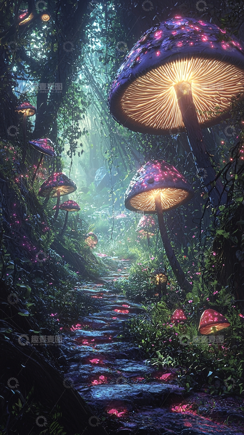 高清大图下载【趣麦麦图】梦幻森林发光蘑菇小路