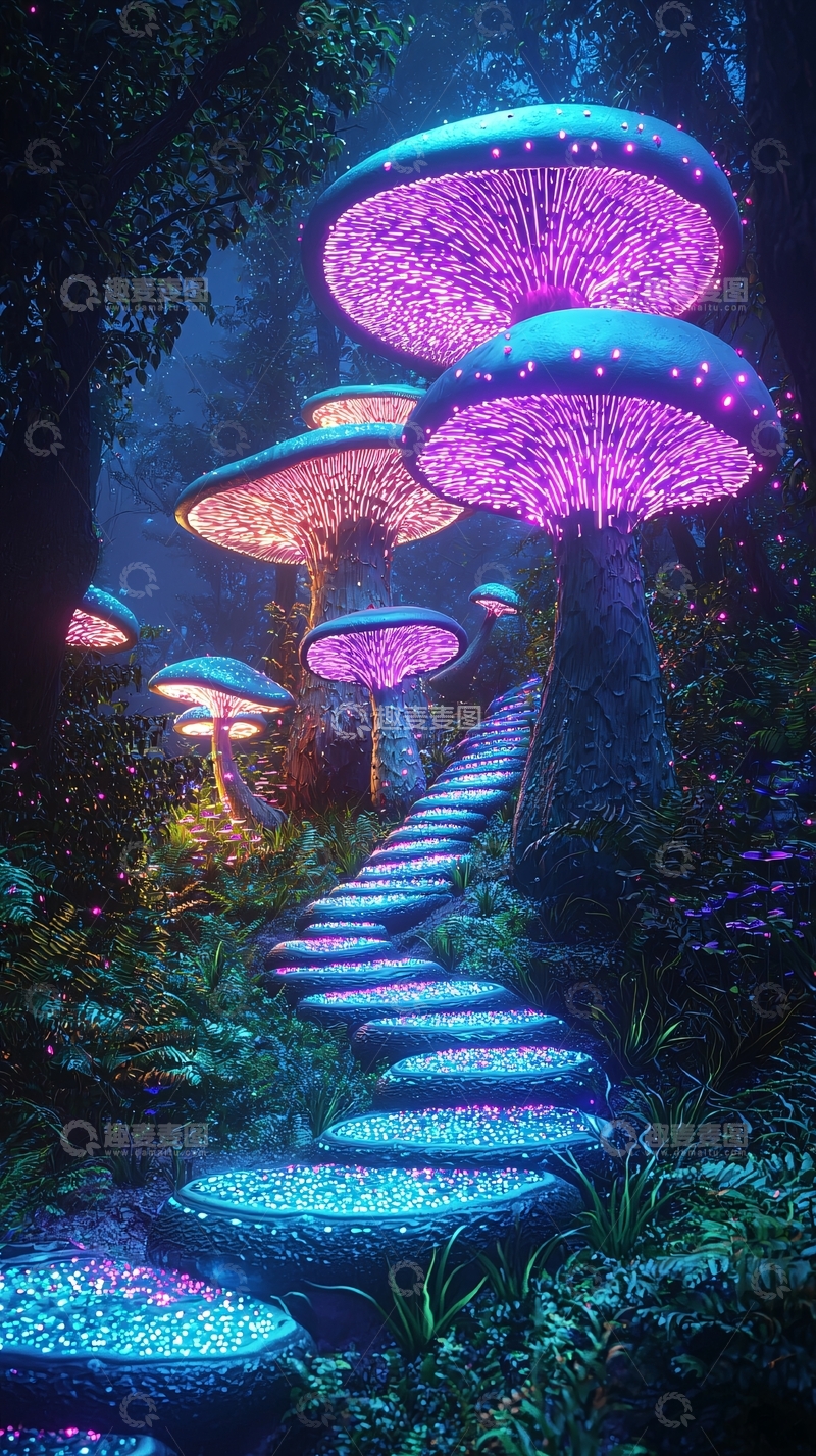 高清大图下载【趣麦麦图】梦幻森林发光蘑菇阶梯