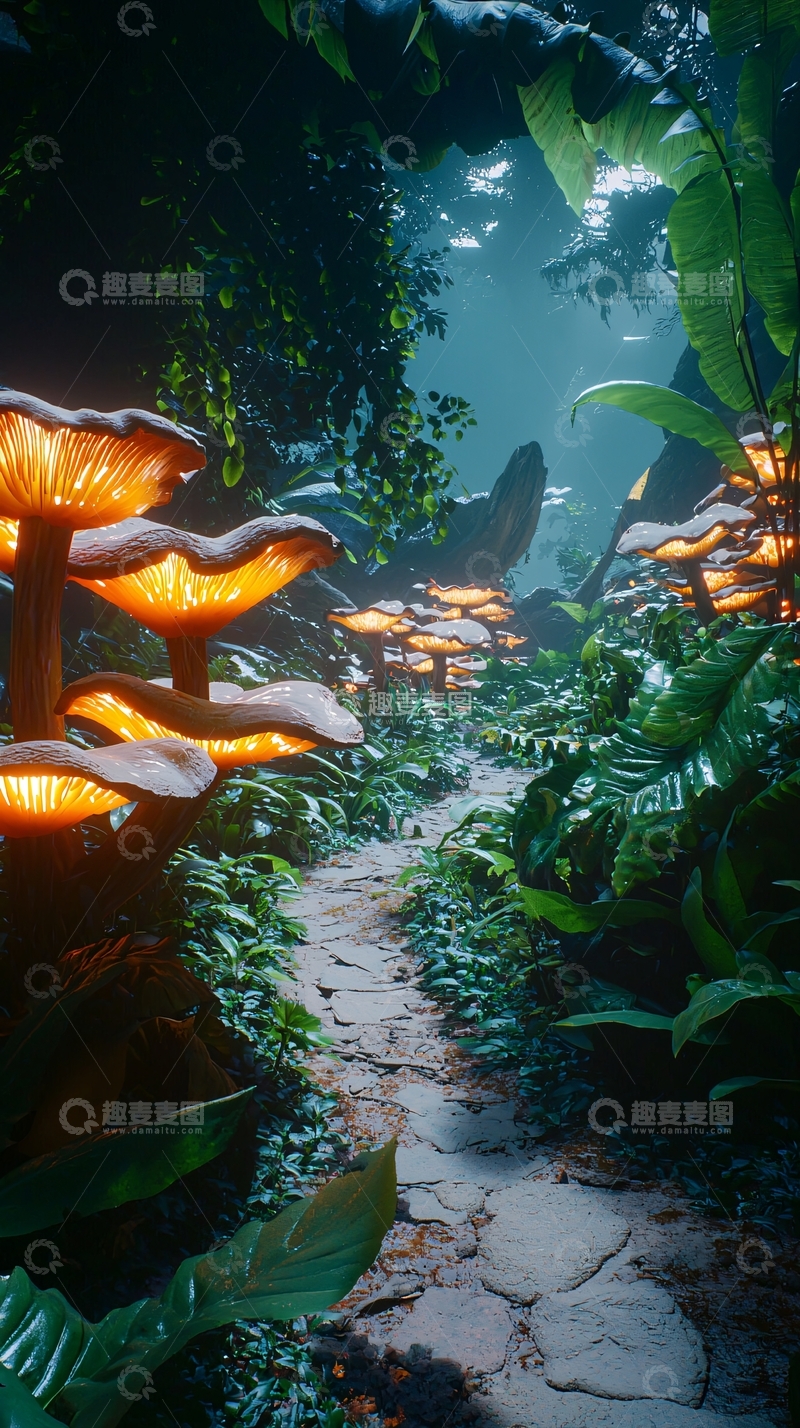 高清大图下载【趣麦麦图】发光蘑菇森林小路