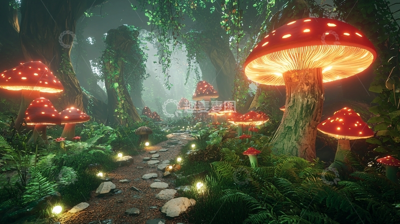 高清大图下载【趣麦麦图】发光蘑菇森林小路
