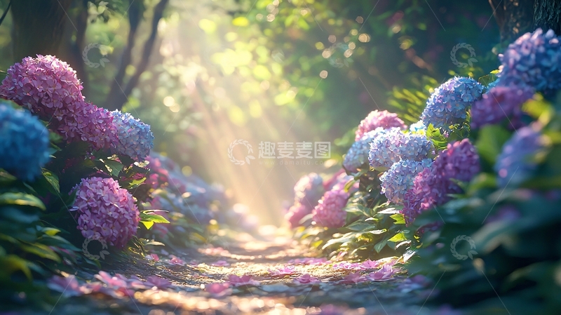 高清大图下载【趣麦麦图】光线穿过绣球花丛的小路