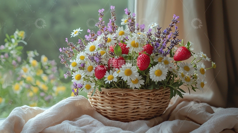高清大图下载【趣麦麦图】窗边野花草莓花篮