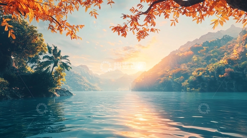 高清大图下载【趣麦麦图】秋日山谷河流日出景色