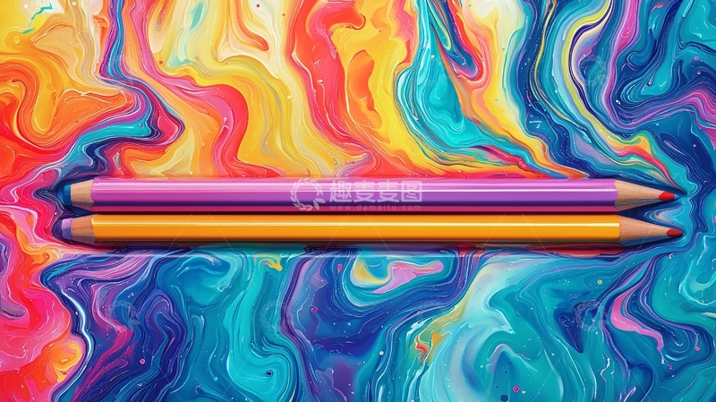 高清大图下载【趣麦麦图】彩色颜料背景上的彩色铅笔