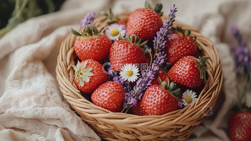 高清大图下载【趣麦麦图】草莓与鲜花在篮子里