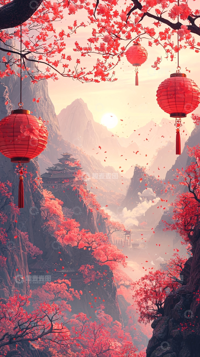 高清大图下载【趣麦麦图】桃花山水间的红灯笼