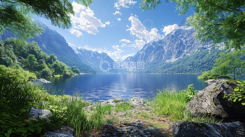 高清大图下载【趣麦麦图】阳光明媚的山谷湖泊