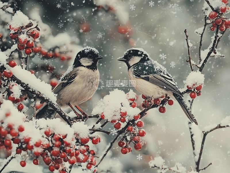 高清大图下载【趣麦麦图】雪中红果上的两只小鸟