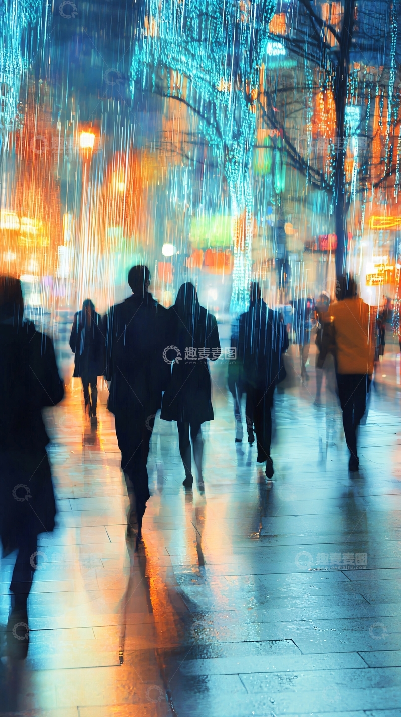 高清大图下载【趣麦麦图】雨夜城市街道人群