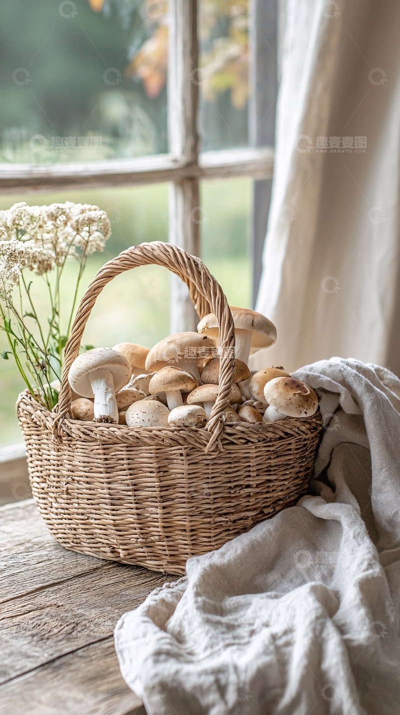 高清大图下载【趣麦麦图】蘑菇篮子窗边静物