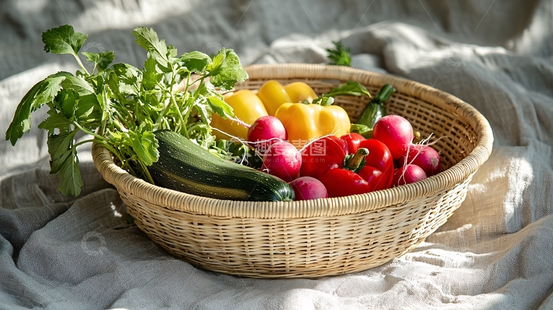 高清大图下载【趣麦麦图】新鲜蔬菜水果藤编篮