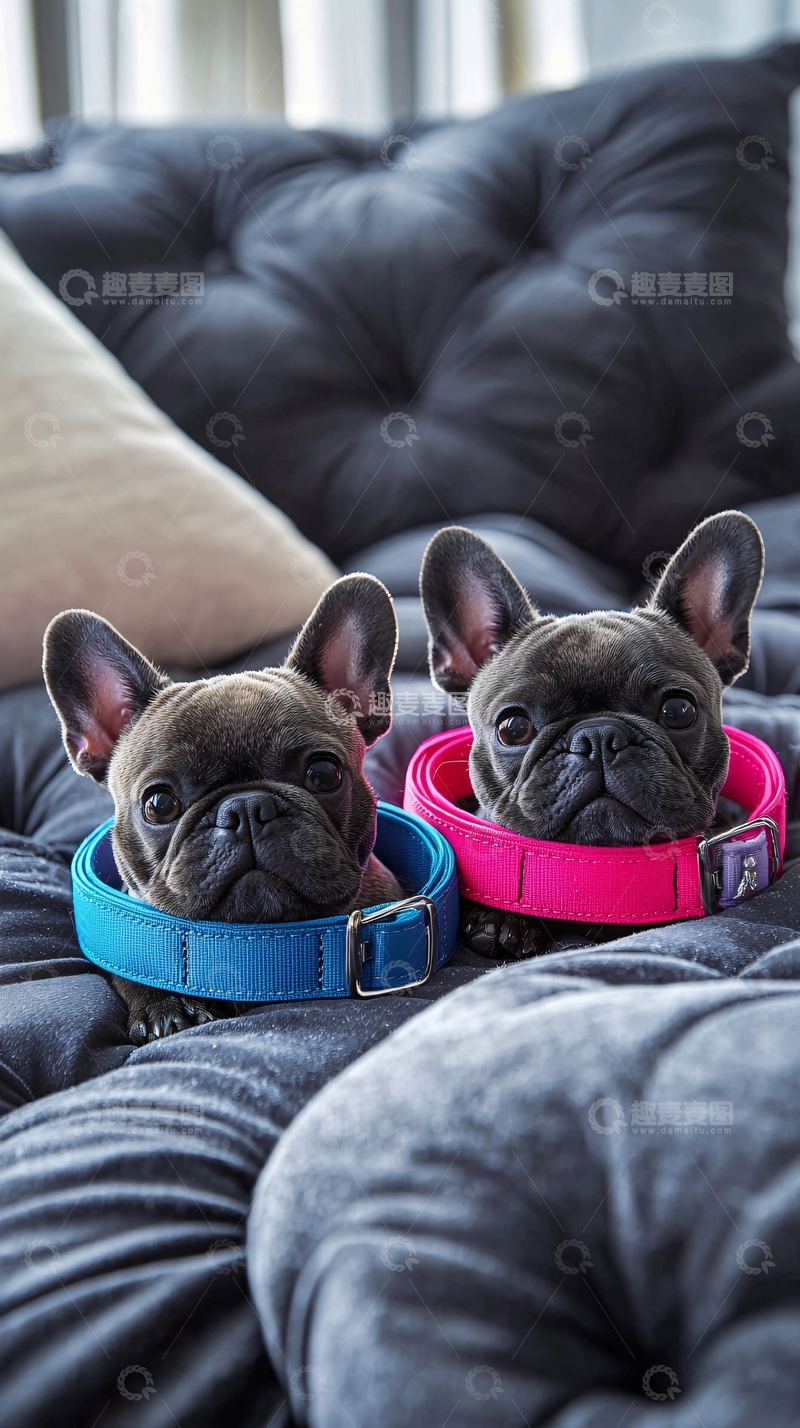 高清大图下载【趣麦麦图】两只法国斗牛犬戴项圈
