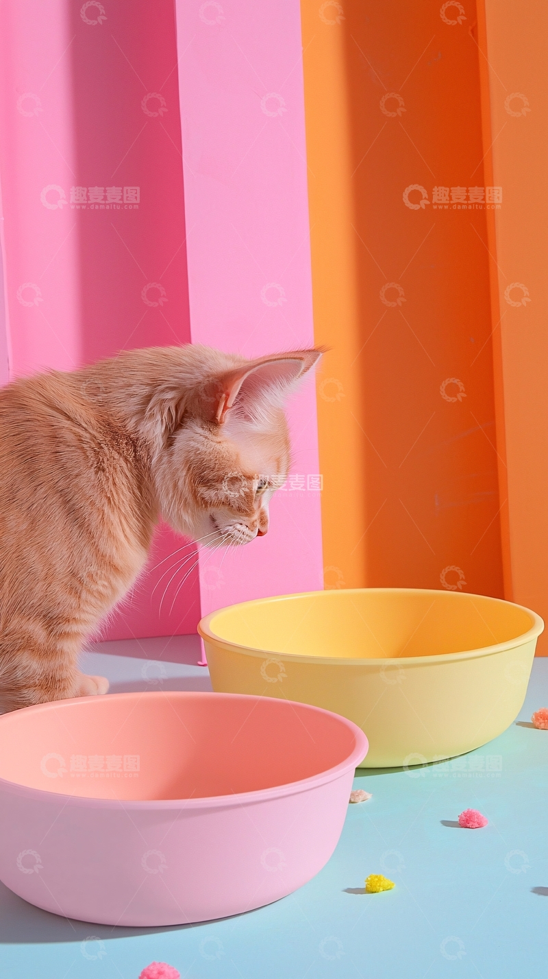 高清大图下载【趣麦麦图】猫咪和彩色碗