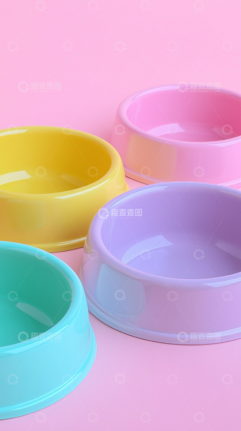 高清大图下载【趣麦麦图】粉色背景下彩色宠物碗