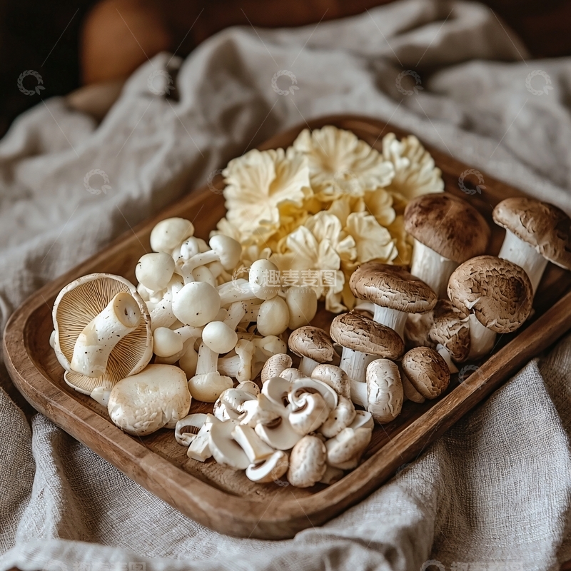 高清大图下载【趣麦麦图】多种蘑菇拼盘在木质托盘