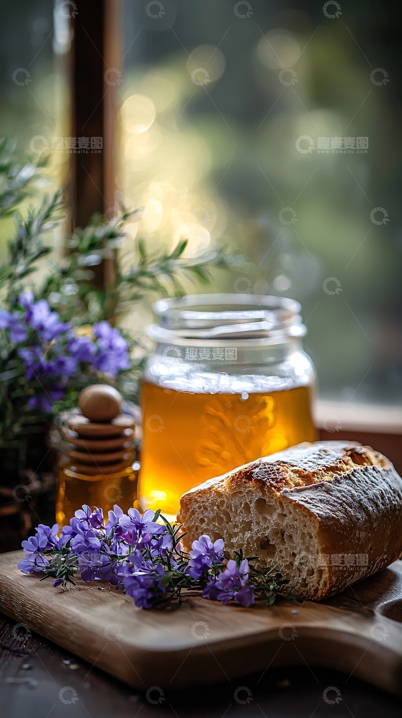 高清大图下载【趣麦麦图】面包蜂蜜花卉的静物