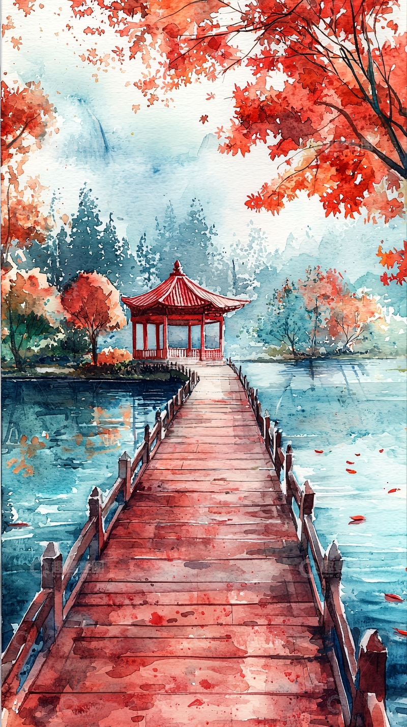 高清大图下载【趣麦麦图】水彩红叶亭台小桥