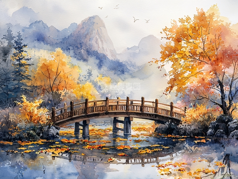 高清大图下载【趣麦麦图】秋日山水桥