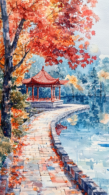 秋景亭台水畔水彩画