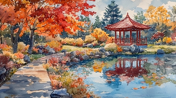 秋日园林水彩画