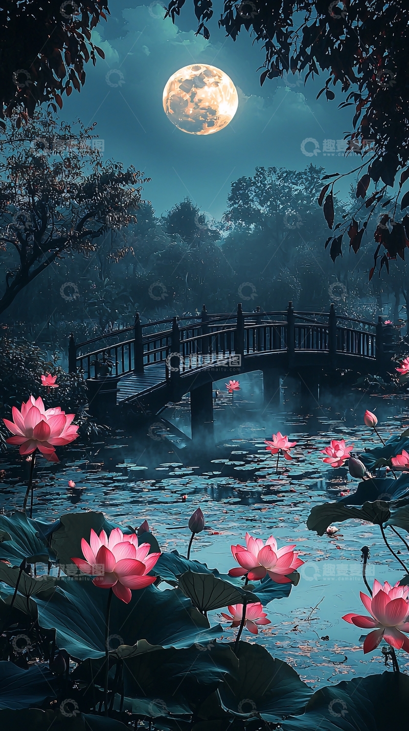 高清大图下载【趣麦麦图】月夜莲花池上的桥