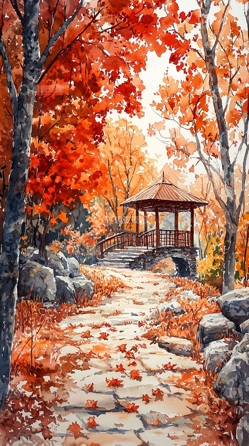 高清大图下载【趣麦麦图】秋日水彩亭子小路