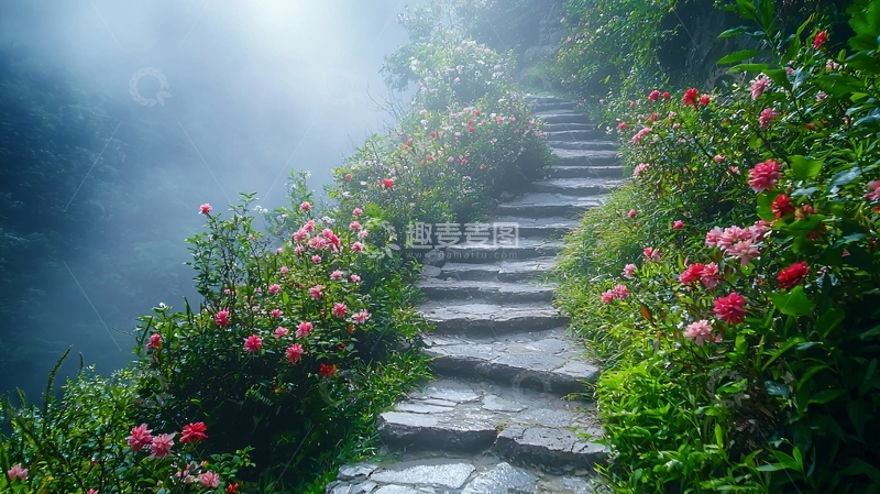 高清大图下载【趣麦麦图】雾气缭绕的石阶花路