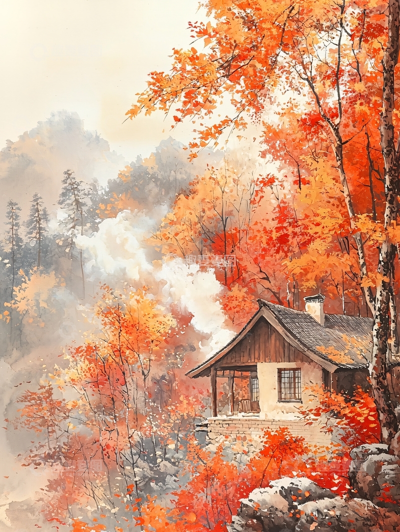 高清大图下载【趣麦麦图】秋日山间小屋水彩意境