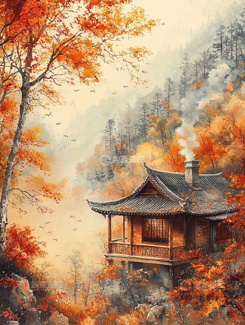 高清大图下载【趣麦麦图】秋日山间小屋