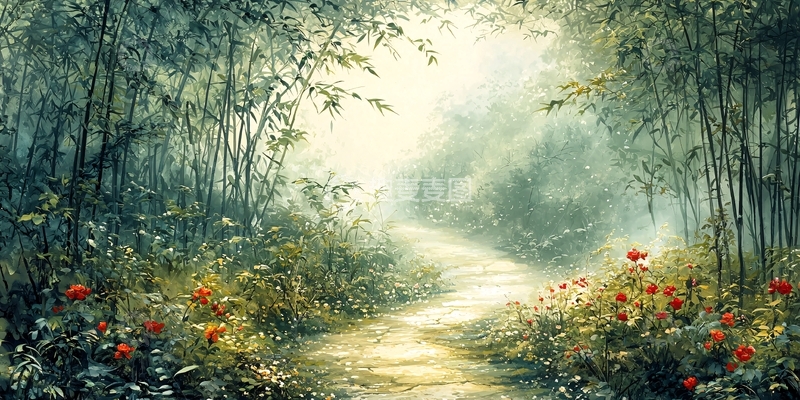 高清大图下载【趣麦麦图】绿树繁花小路