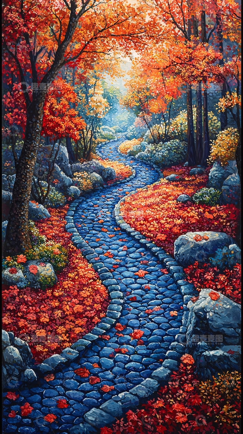 高清大图下载【趣麦麦图】秋日森林小径油画
