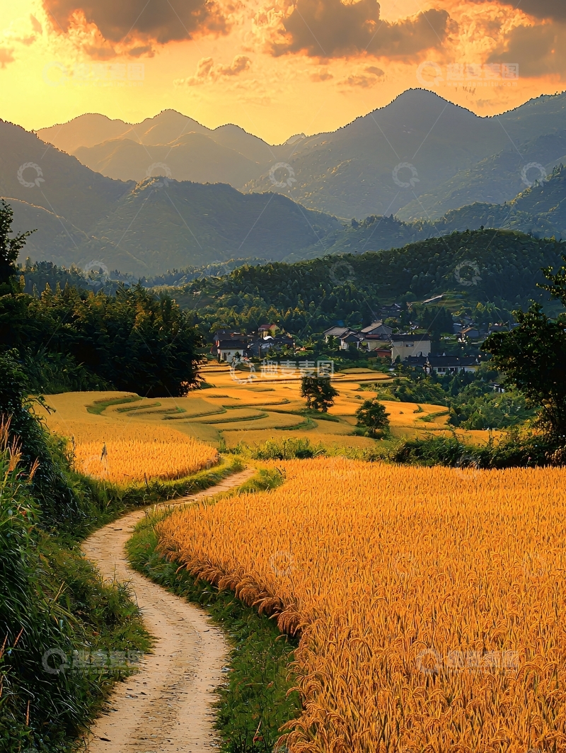 高清大图下载【趣麦麦图】夕阳下的田园山村景色