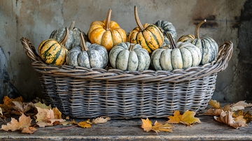 藤编篮子里的彩色南瓜