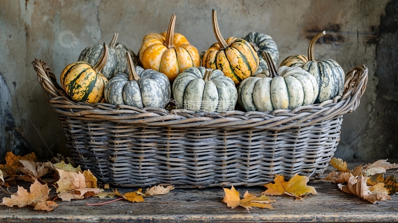 高清大图下载【趣麦麦图】藤编篮子里的彩色南瓜