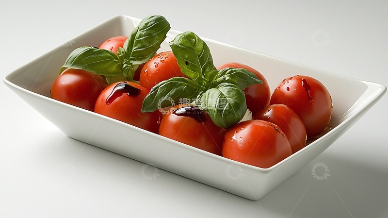 高清大图下载【趣麦麦图】白瓷盘中圣女果配罗勒