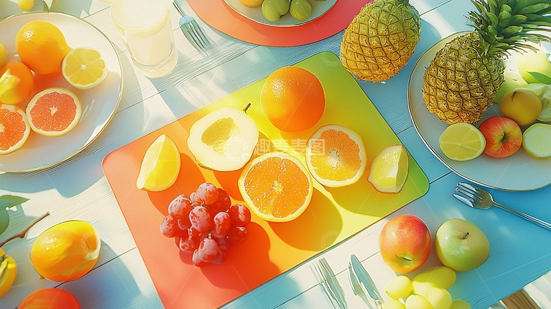 高清大图下载【趣麦麦图】阳光下色彩鲜艳的水果拼盘