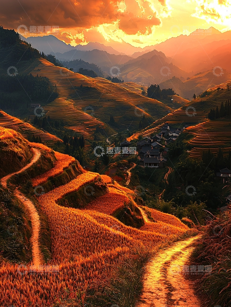 高清大图下载【趣麦麦图】金色梯田日落美景
