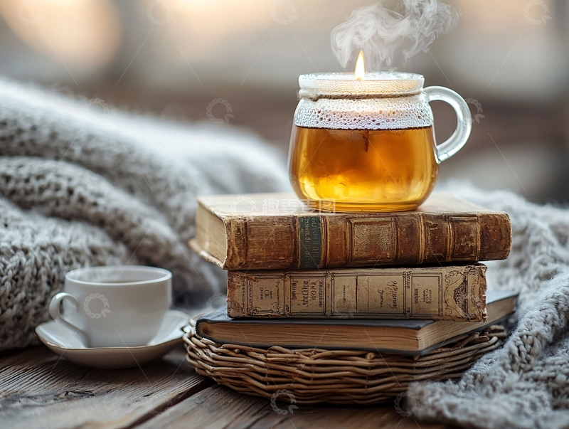 高清大图下载【趣麦麦图】温暖的茶饮和旧书
