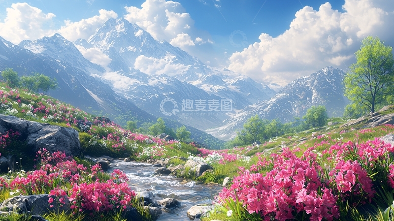高清大图下载【趣麦麦图】雪山花海溪流