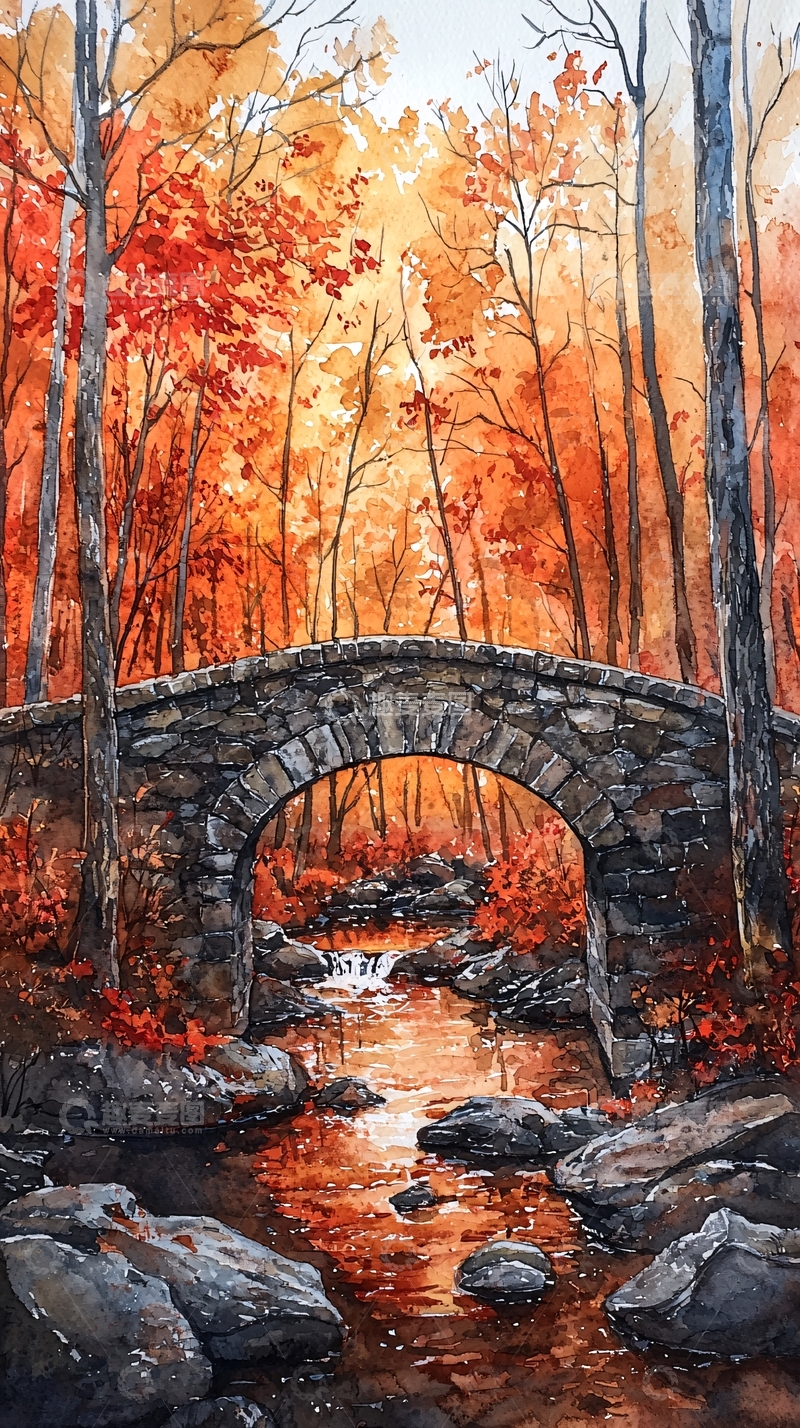 高清大图下载【趣麦麦图】秋日森林石桥流水