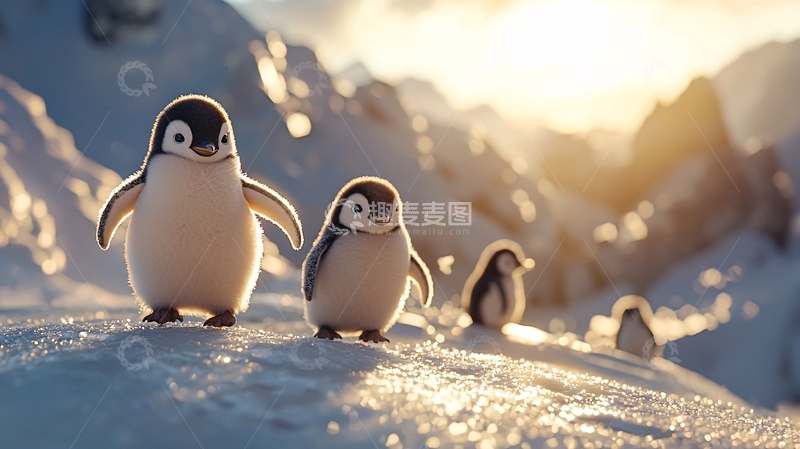 高清大图下载【趣麦麦图】企鹅宝宝在雪地里玩耍
