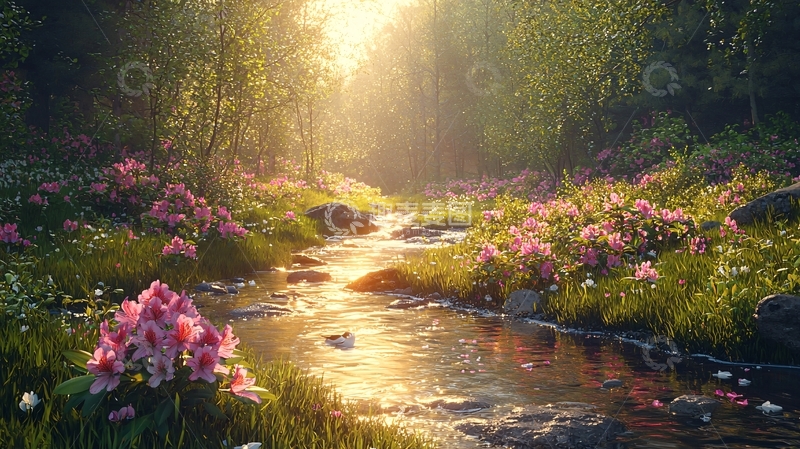 高清大图下载【趣麦麦图】阳光穿透树林的小溪花丛