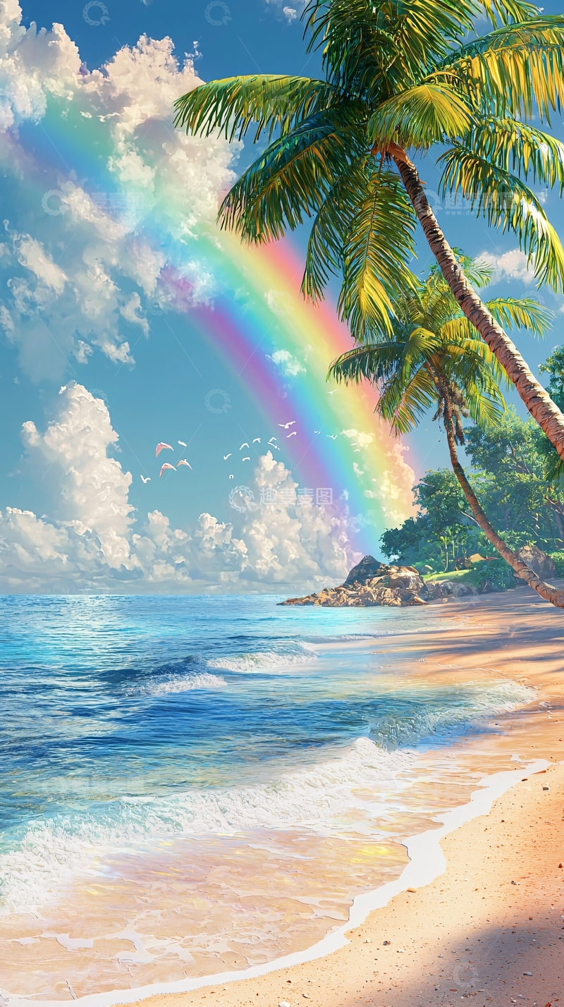 高清大图下载【趣麦麦图】彩虹椰树海滩风景