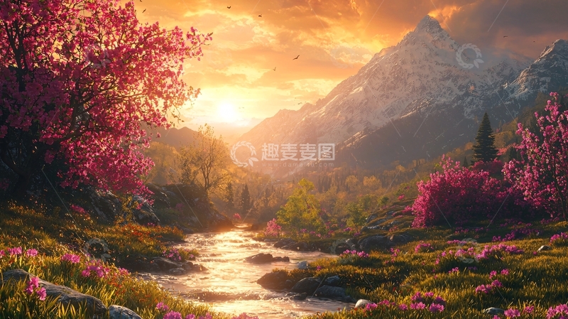 高清大图下载【趣麦麦图】落日余晖下的山川河流